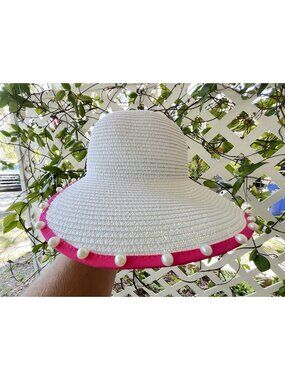 Max Studio White Paper Straw Sun Hat Pink Trim Faux Pearl Wide Brim Beach OS M/L